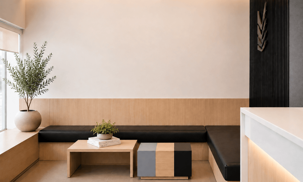 Modern dental office patient welcome area with black leather bench seating, wood paneling, and greenery