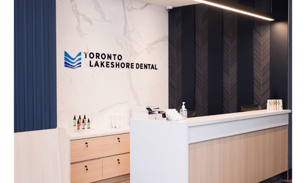 Modern reception desk at Toronto Lakeshore Dental in Etobicoke