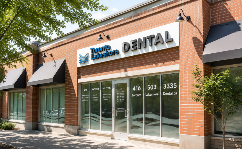 Toronto Lakeshore Dental | Dentist smiling while showing a young patient a dental model during a consultation